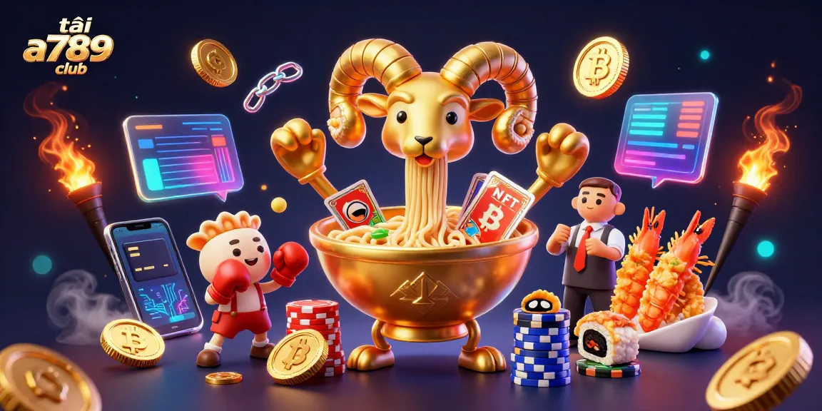 Join the excitement with tải a789 club, as the giant ramen bowl distributes cards and chips in a colorful casino scene.