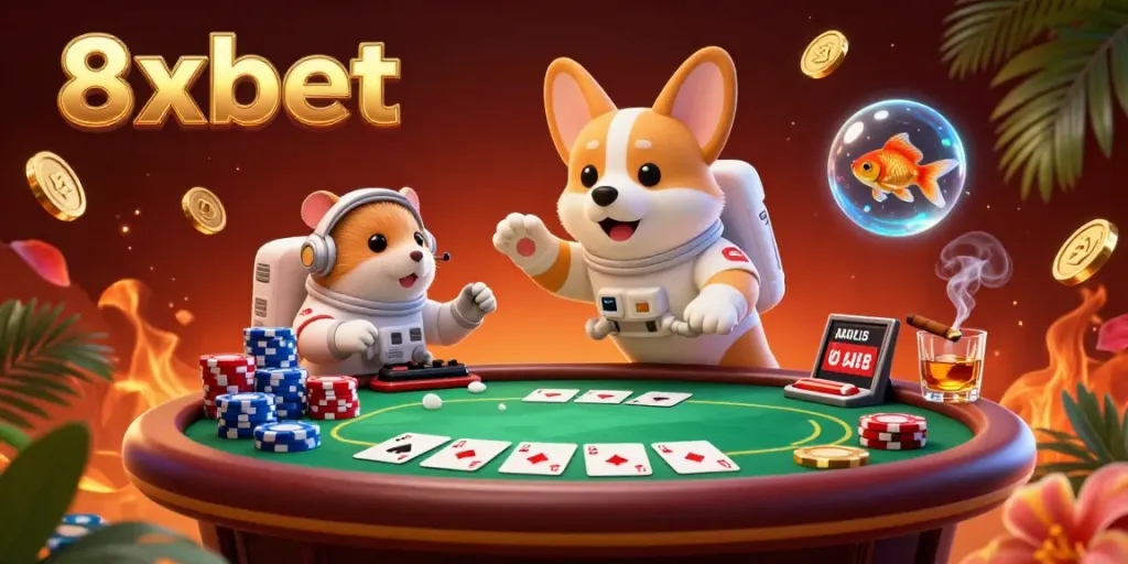 Experience the thrilling 8xbet online gaming world with floating poker elements in this vibrant scene.