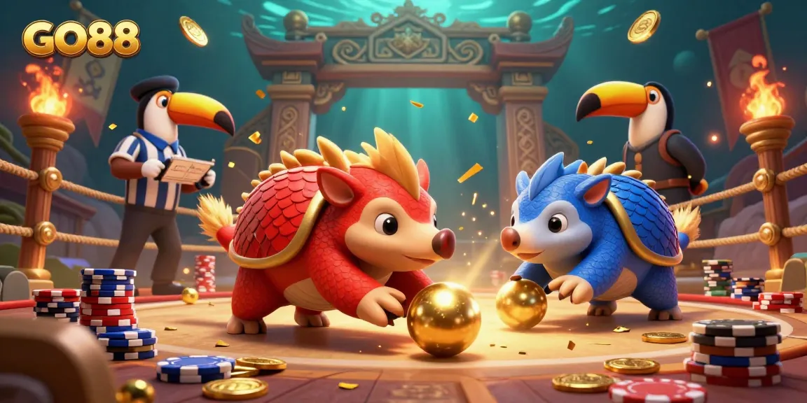 Enjoy the game experience with GO88 as rival pangolins compete, surrounded by vibrant casino elements.