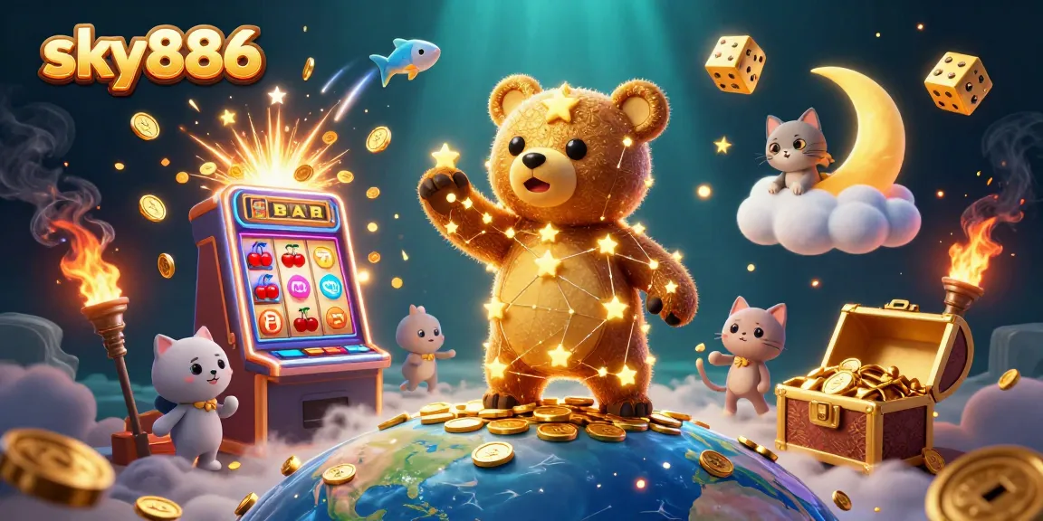Experience big wins with sky886 in this vibrant casino-themed illustration, featuring colorful slot machine and treasure elements.