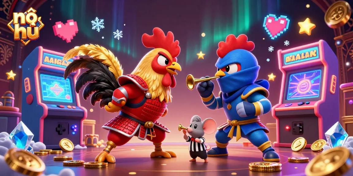 Engage in nổ hũ with exciting roosters and vivid casino games, showcasing vibrant arcade elements.