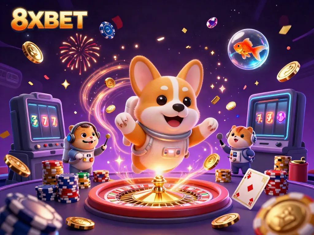 Experience thrilling excitement at 8XBET with a lively space casino scene featuring fun characters and games.