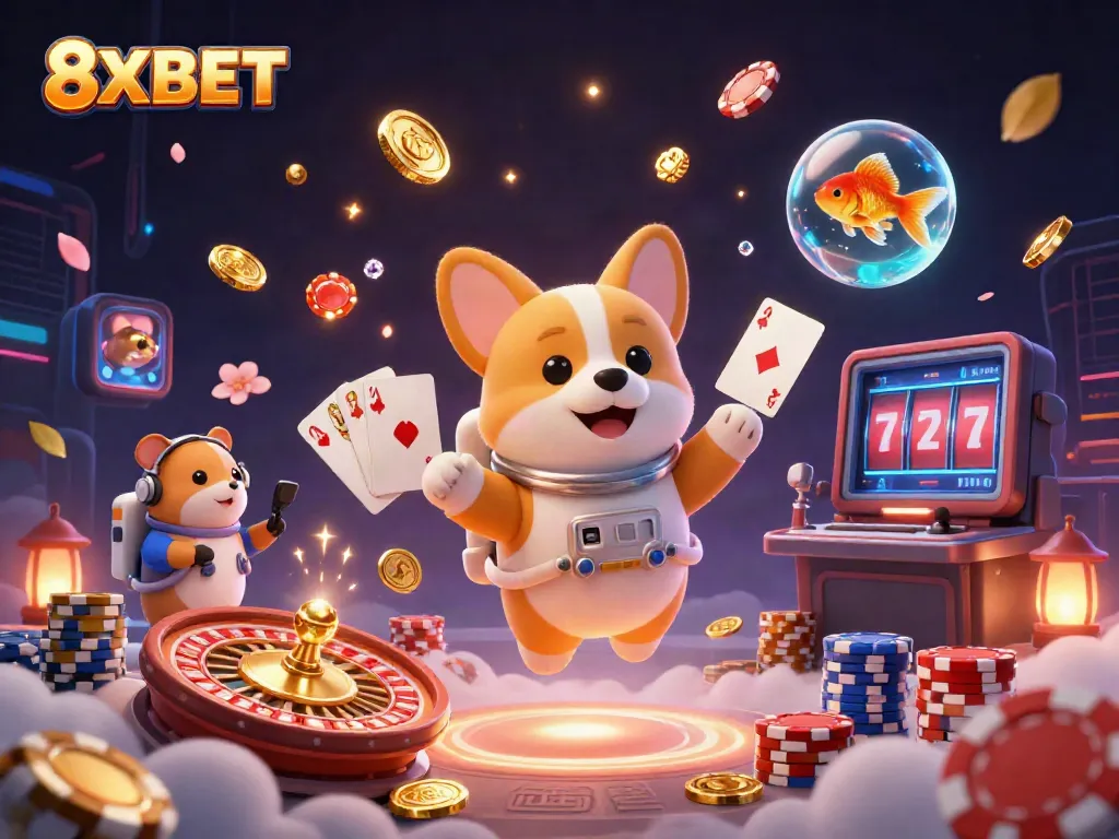 8XBET astronauts gamely float in a space casino, amidst flying casino elements and vibrant colors.