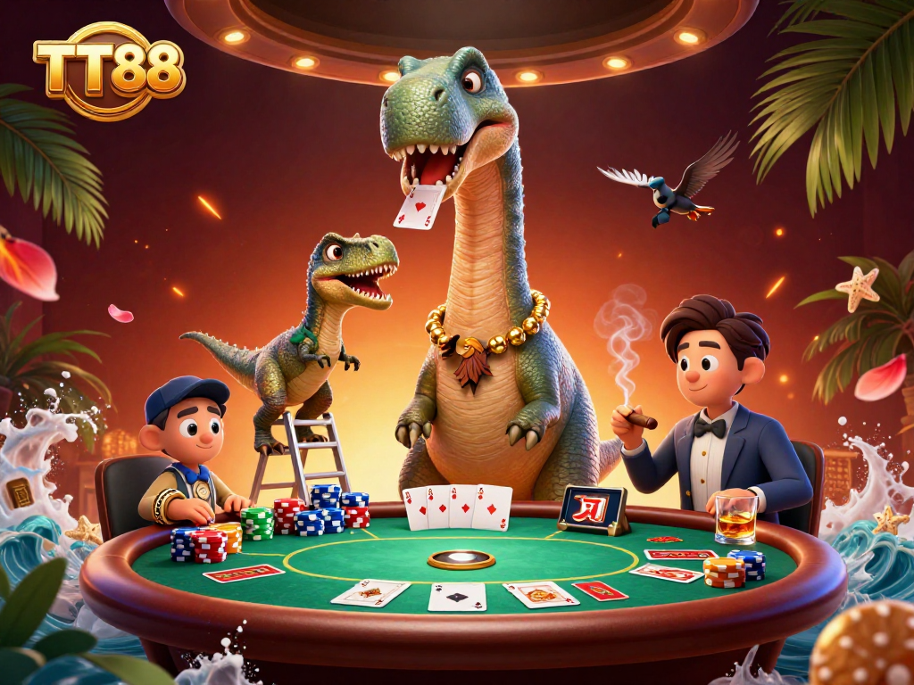 Raise the stakes at TT88 with this vibrant online casino scene featuring unique characters and game elements.