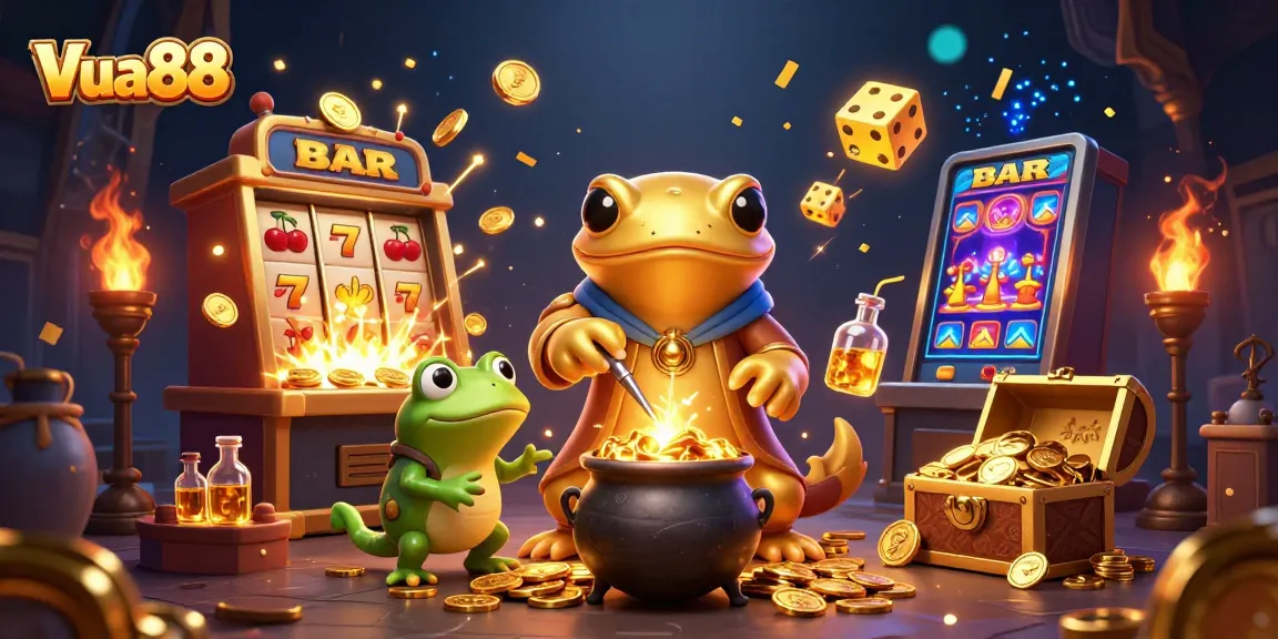 Experience thrilling gameplay at Vua88 with golden coins, dynamic slots, and vibrant casino elements.