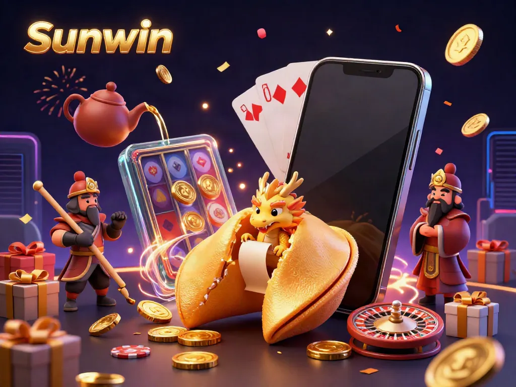 Experience thrilling wins at Sunwin with a vibrant 3D casino scene showcasing fortune, games, and gold!