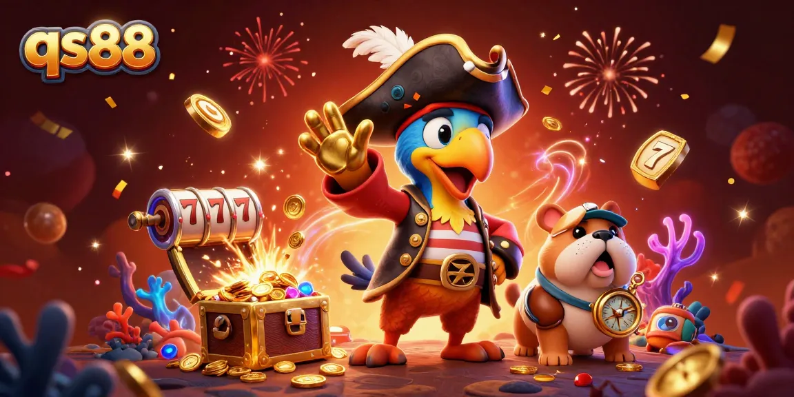 Join the thrilling adventure at qs88 with a pirate captain and friends in a vibrant slot scene.