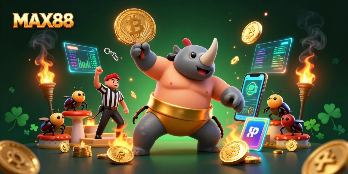 Experience the thrilling MAX88 casino action with a powerful sumo beetle amidst flying gold coins.