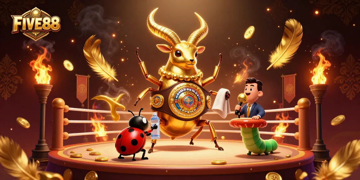 Engage with FIVE88's vibrant 3D cartoon scene showcasing unique casino characters and dynamic gaming elements.