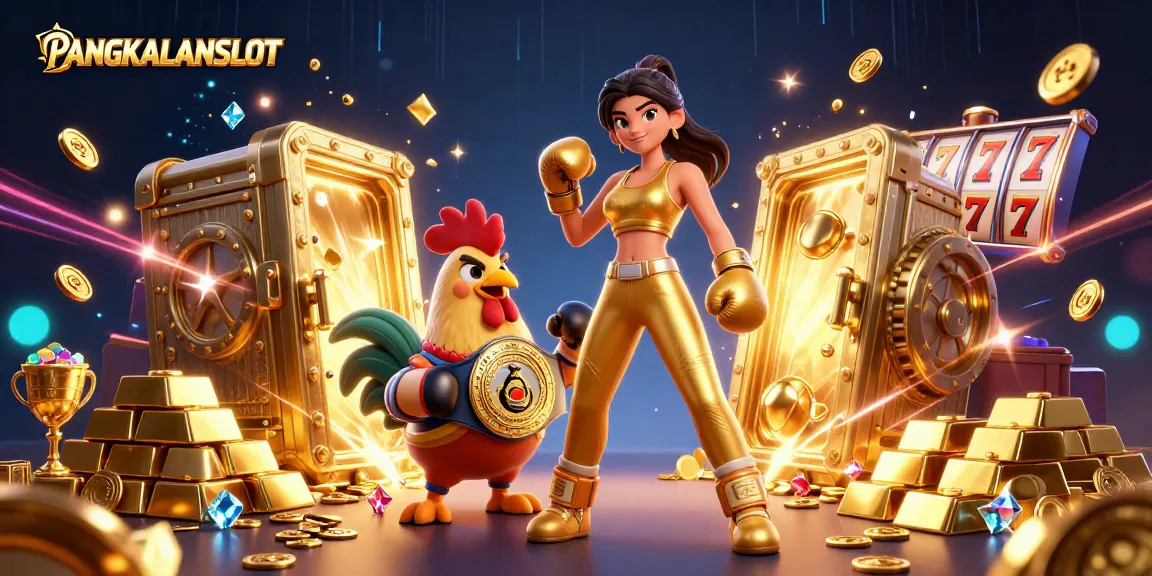 PANGKALANSLOT showcases a thrilling gaming moment with a powerful woman boxer and a cartoon rooster in a colorful 3D casino scene.