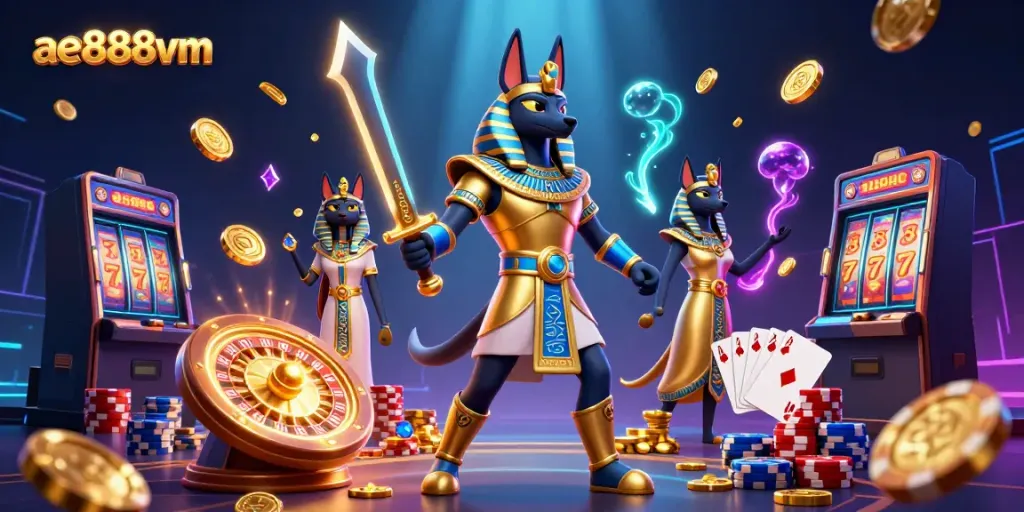 Experience thrilling games at ae888vm with Anubis and Bastet amidst dynamic casino elements.