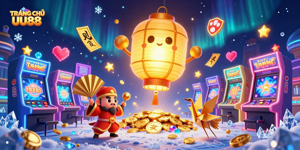 Experience the excitement of TRANG CHỦ UU88 with a vibrant casino scene filled with golden lanterns and arcade-themed elements.