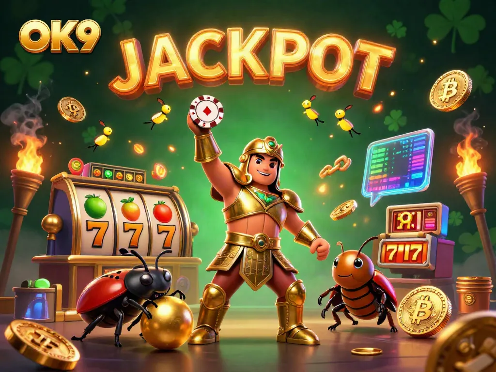 Engaging OK9 casino illustration showcasing a victorious beetle lifting a poker chip amidst slot games and crypto elements.