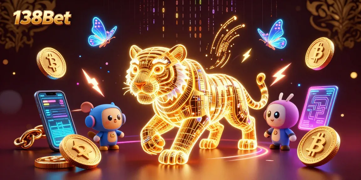 Engage with 138Bet's vibrant digital casino scene featuring a neon golden tiger amidst crypto elements.