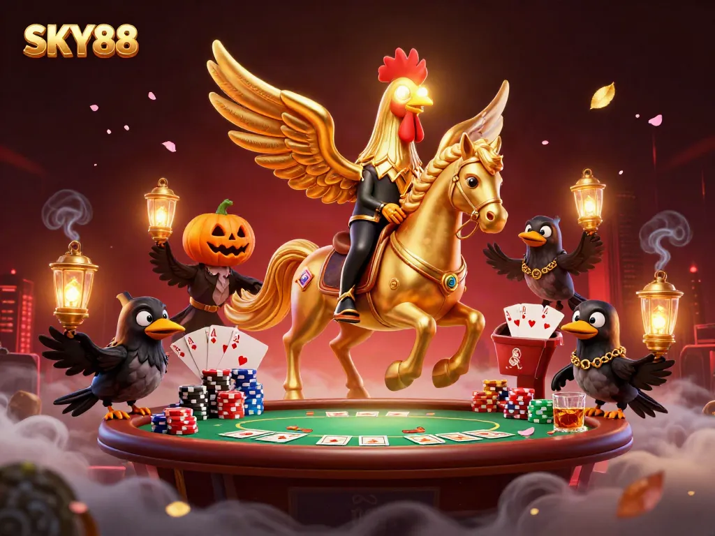 Experience the thrill of SKY88 at a vibrant casino scene featuring a golden rooster and poker elements.