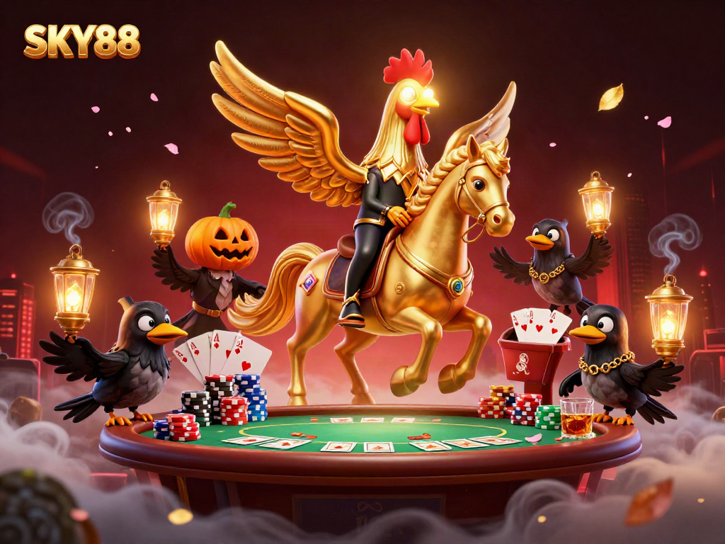 Experience the thrill of SKY88 at a vibrant casino scene featuring a golden rooster and poker elements.