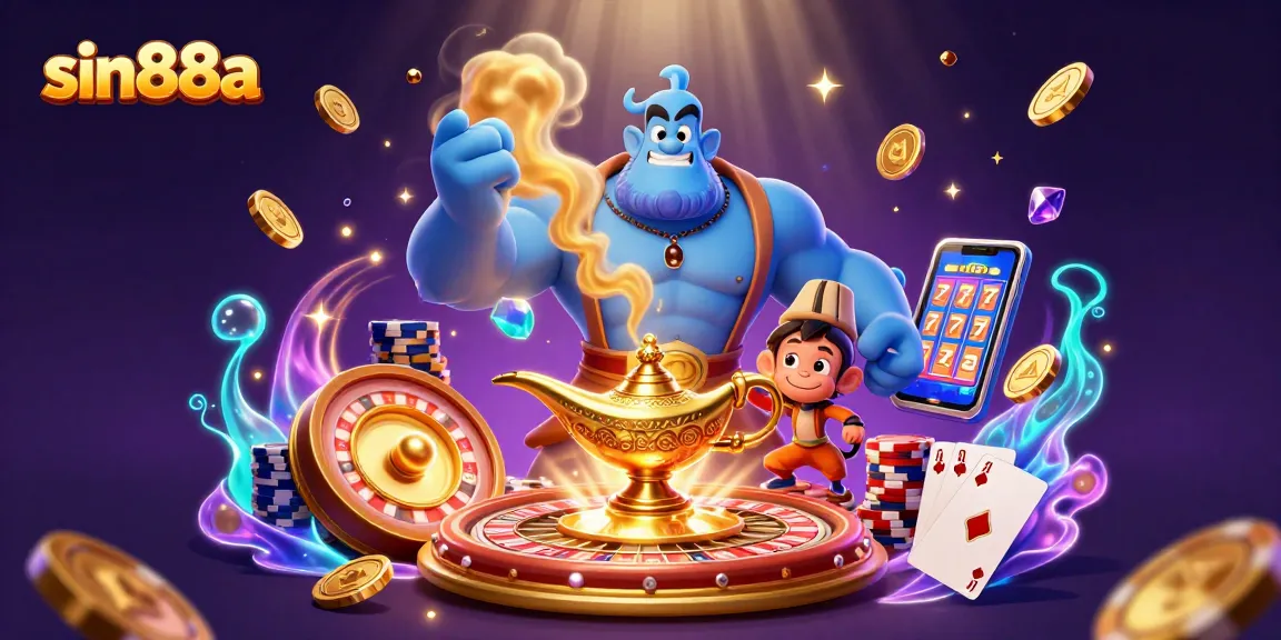 Spin the reels with sin88a's vibrant casino scene featuring a genie and poker chips.