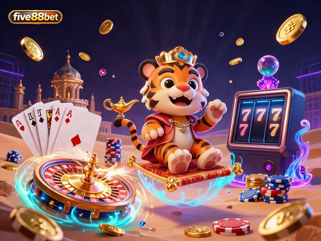 Experience the thrilling world of five88bet with vibrant casino elements and colorful characters.