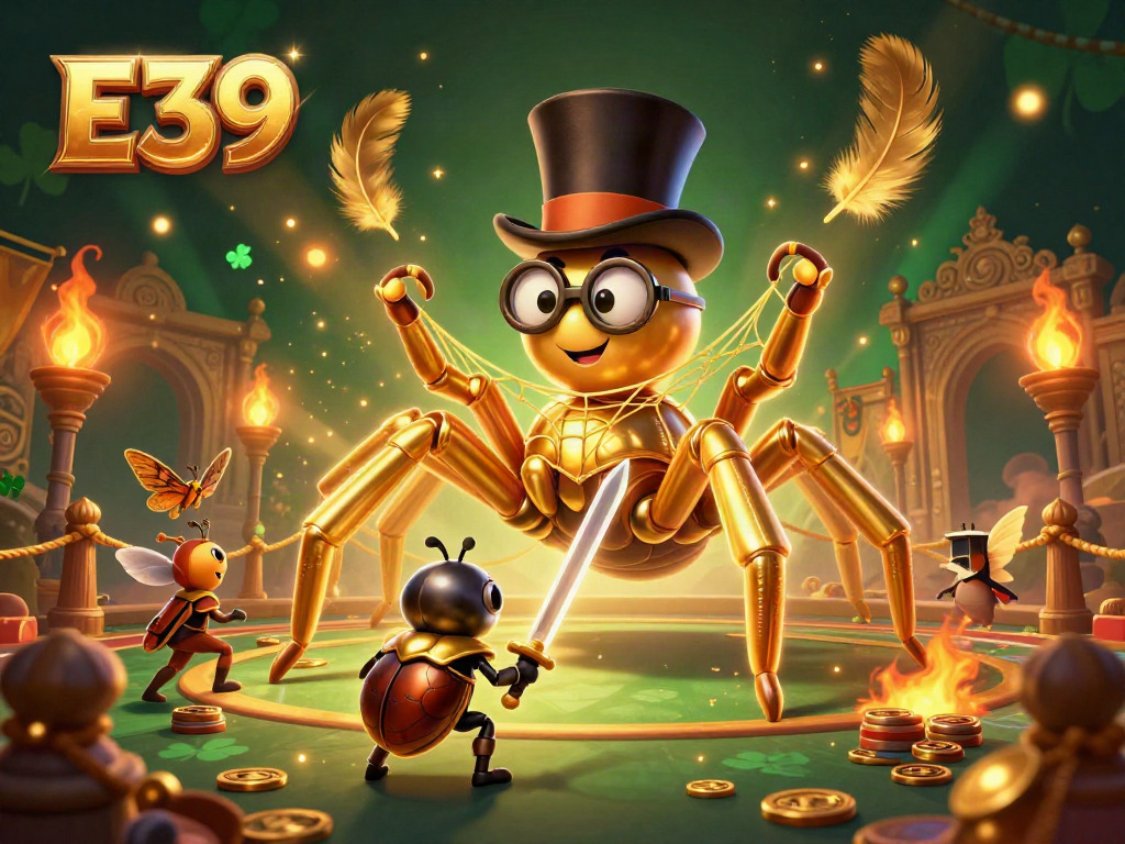 E39 transforms gambling with a dynamic golden tarantula and knight in a lively casino scene.