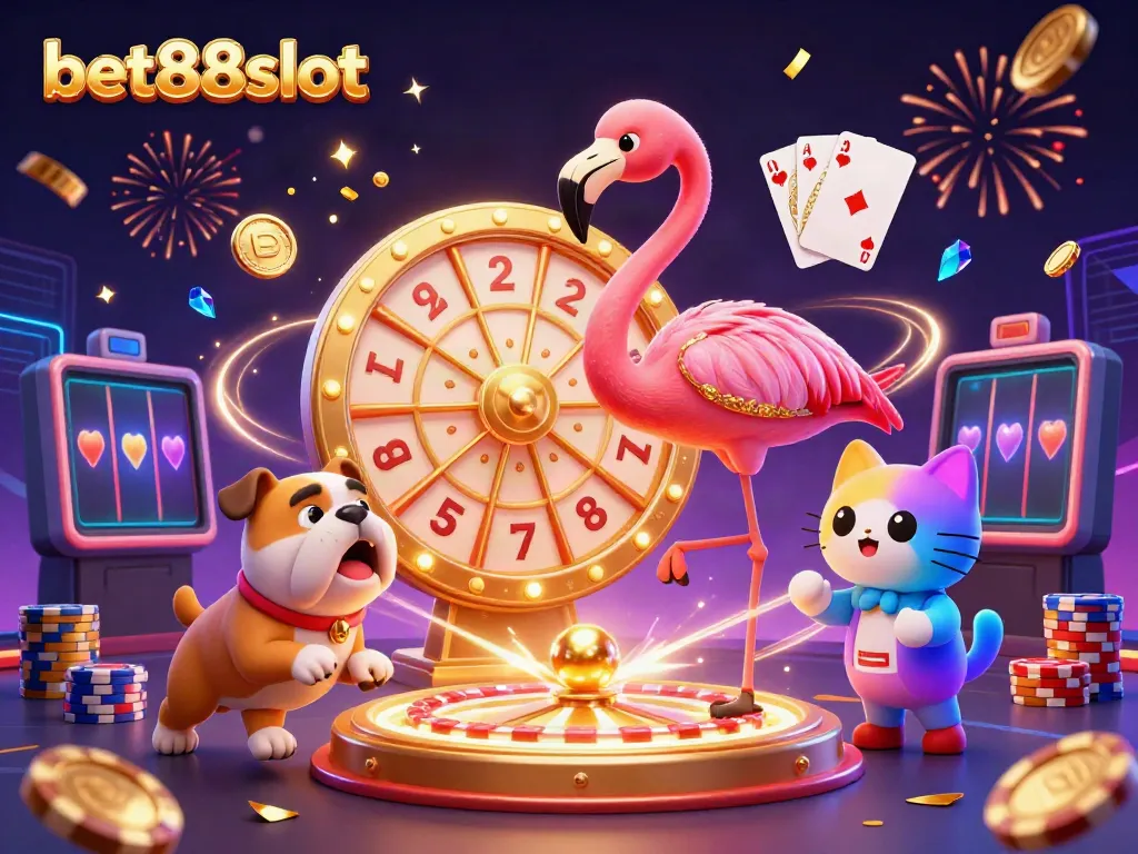 Spin the prize wheel with bet88slot featuring a game show host flamingo, excited bulldog, and scoreboard cat
