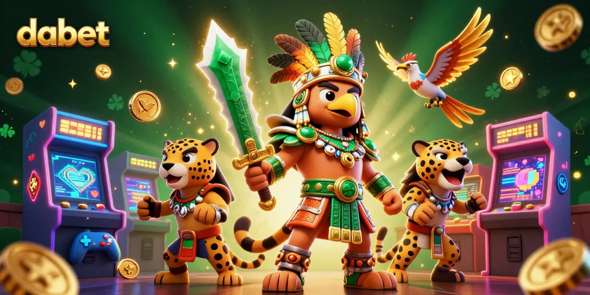 dabet presents an exciting gaming adventure filled with vibrant characters and casino-themed elements, featuring a golden eagle warrior and glowing game machines.