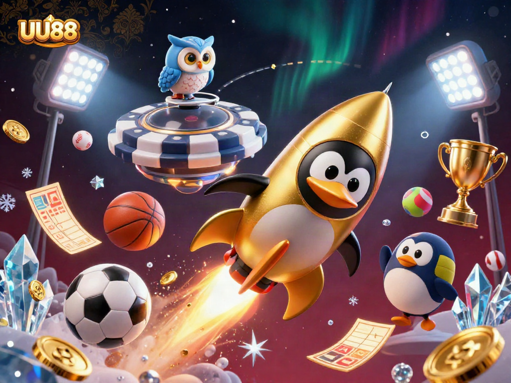 Experience the excitement of UU88 with a golden penguin blasting through space towards a casino station.