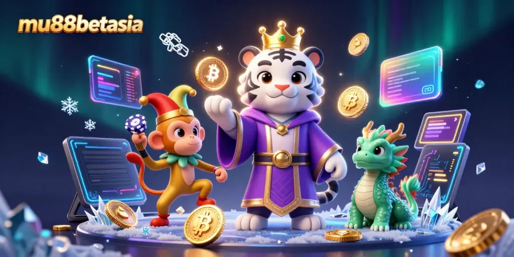 Experience thrilling gameplay with mu88betasia's captivating casino scene featuring a charming tiger, monkey, and jade dragon.