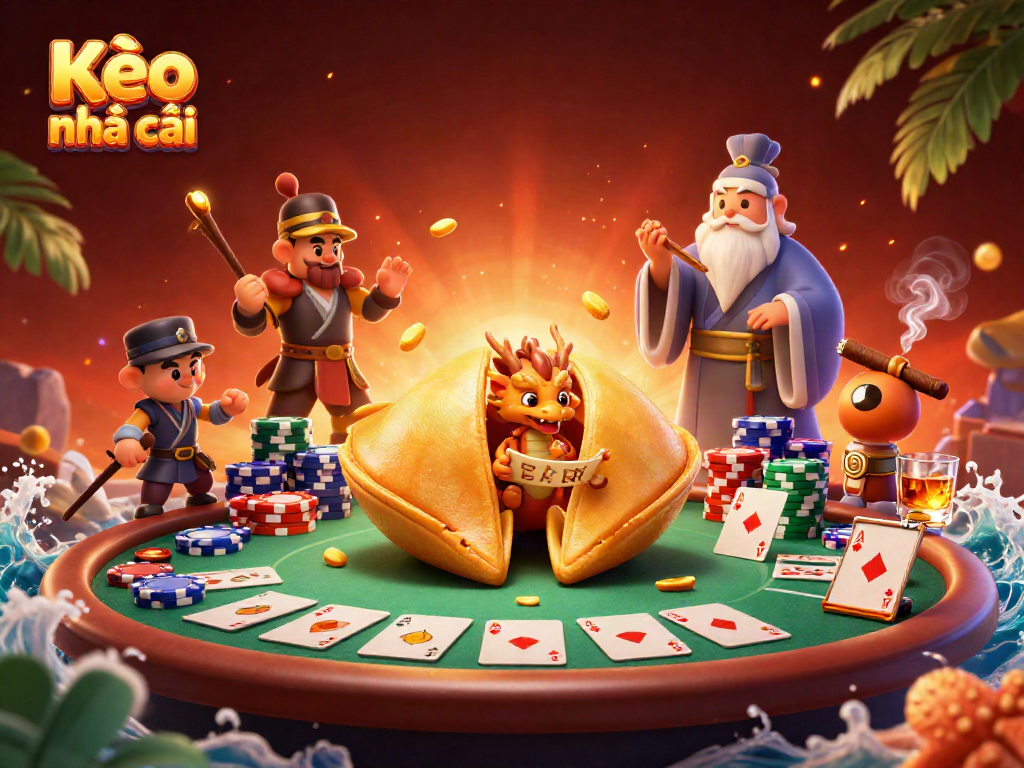 Engage with Kèo nhà cái through a vibrant 3D illustration featuring a unique fortune cookie scene surrounded by poker elements.