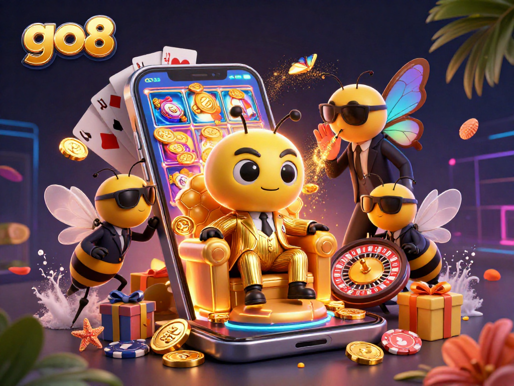 Experience exhilarating slot games at go8 with vibrant visuals of golden coins and playful characters.
