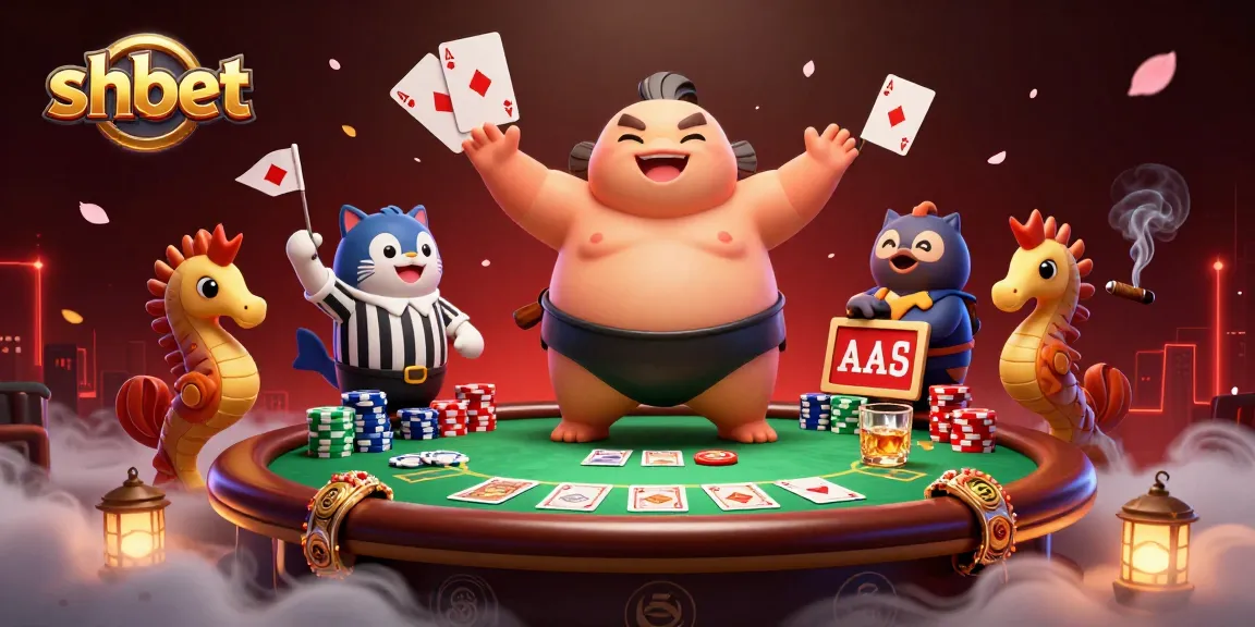 Engage with shbet's dynamic poker scene featuring a fugu, catfish referee, and seahorse fans.