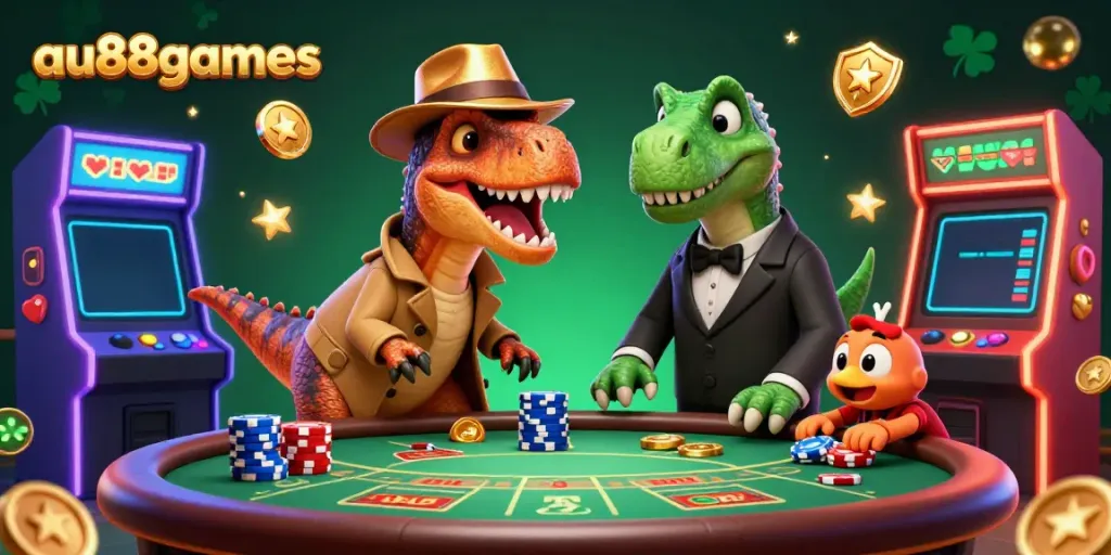 Experience the excitement at au88games with a cartoon velociraptor card counter, blackjack, and colorful arcade machines.