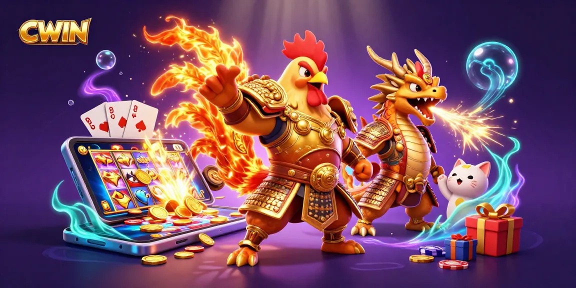 CWIN introduces an action-packed gaming scene with a warrior rooster, dragon hatchling, and vibrant casino elements.