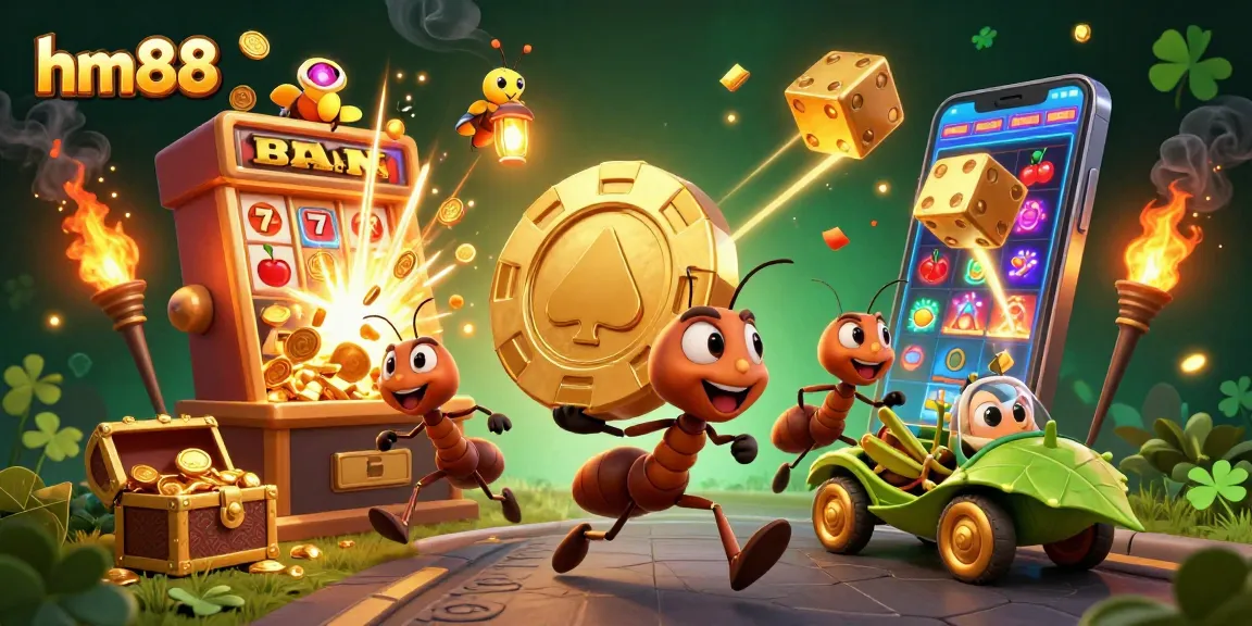hm88 showcases a team of ants on a casino heist, featuring vibrant slot machines and gold.