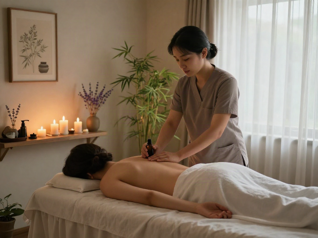 Relaxing 성남출장마사지 session in a tranquil therapy room with essential oils and calming ambiance.