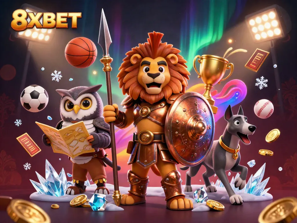 8XBET players engaging with dynamic sports elements in a vibrant online casino atmosphere.