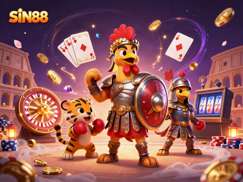 SIN88 features a cartoon gladiator rooster in a vibrant casino scene filled with games and riches.