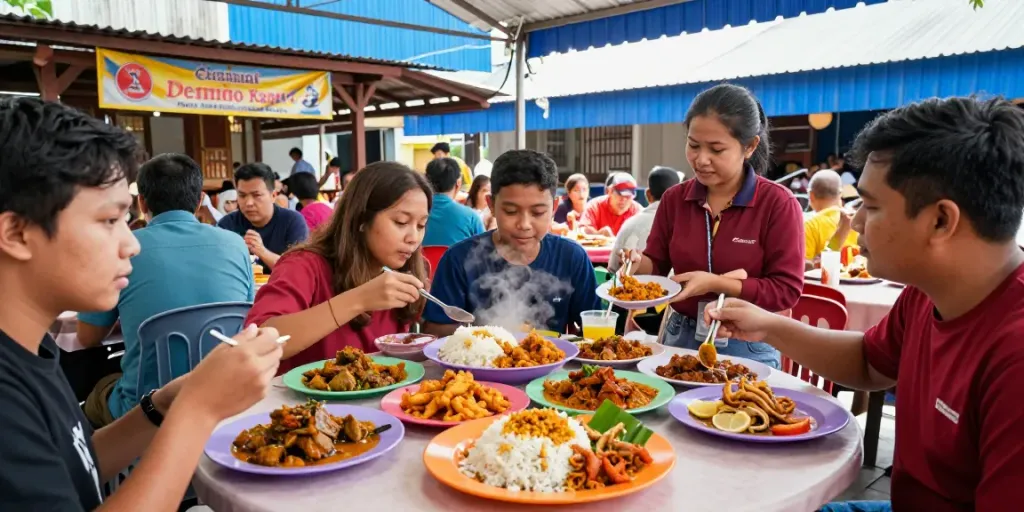Enjoying rokok88's authentic Nasi Kandar dishes in a vibrant Malaysian eatery.