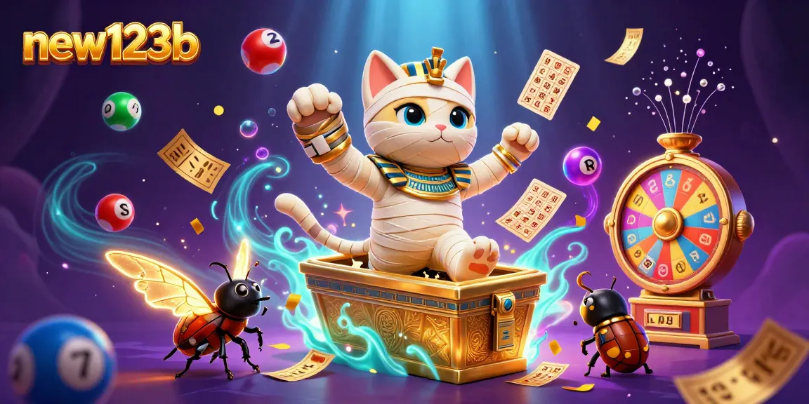 Engage with thrilling experiences at new123b featuring a captivating Egyptian mummy cat amidst vibrant casino elements.