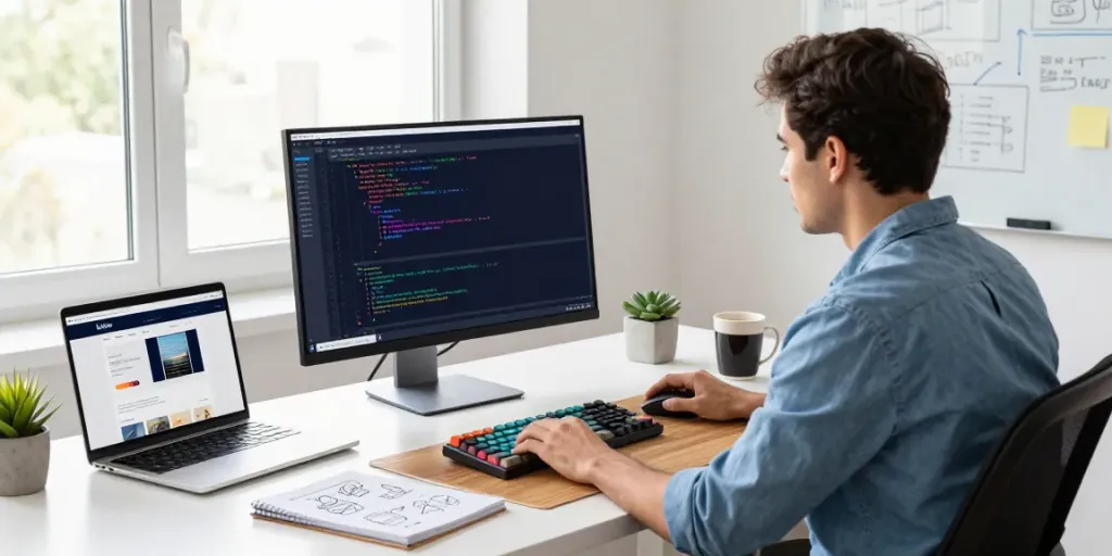 Webdevelopment in een moderne werkruimte met ontwikkelaar, code en ontwerpen.
