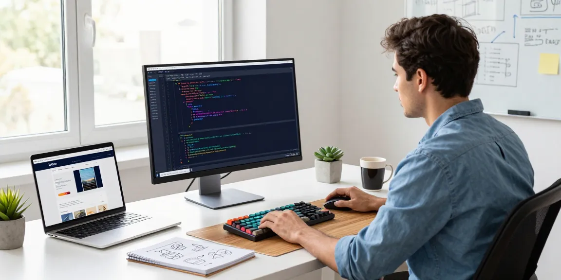 Webdevelopment in een moderne werkruimte met ontwikkelaar, code en ontwerpen.