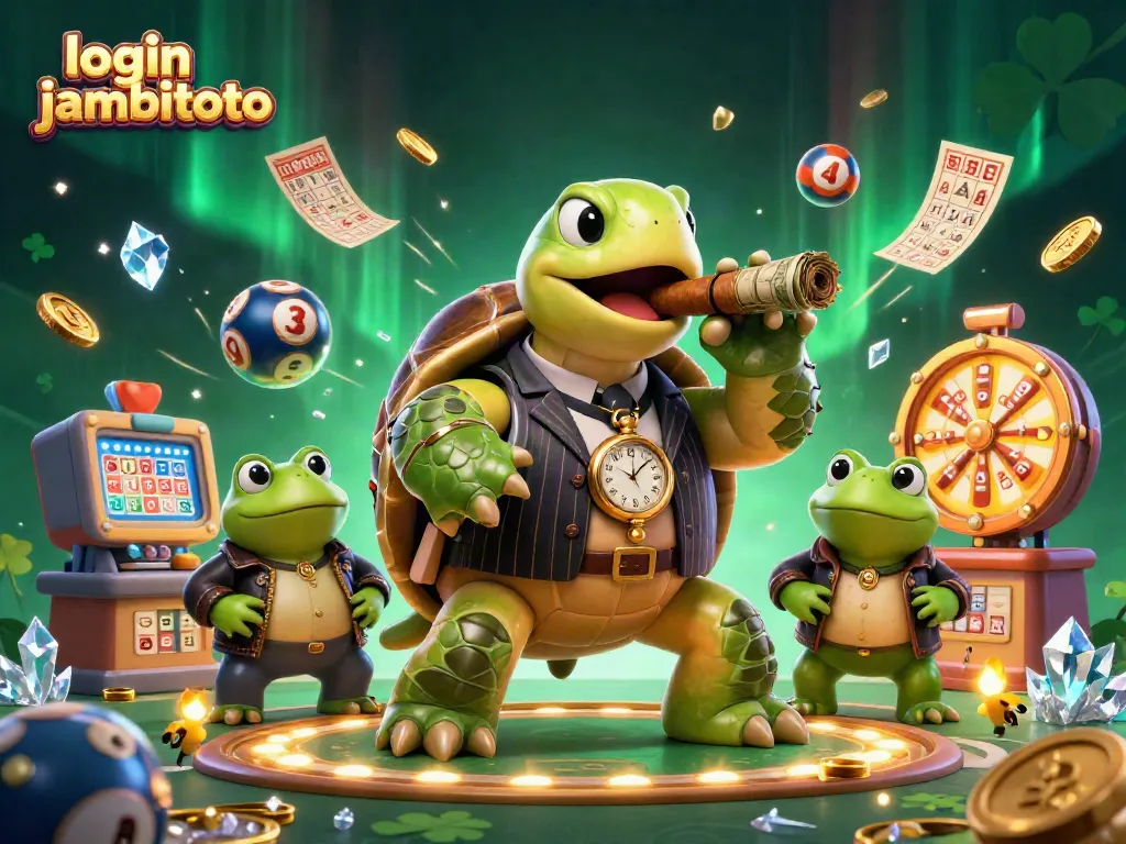 Engage with login jambitoto in this vibrant lottery-themed illustration featuring a snapping turtle in a mobster suit.