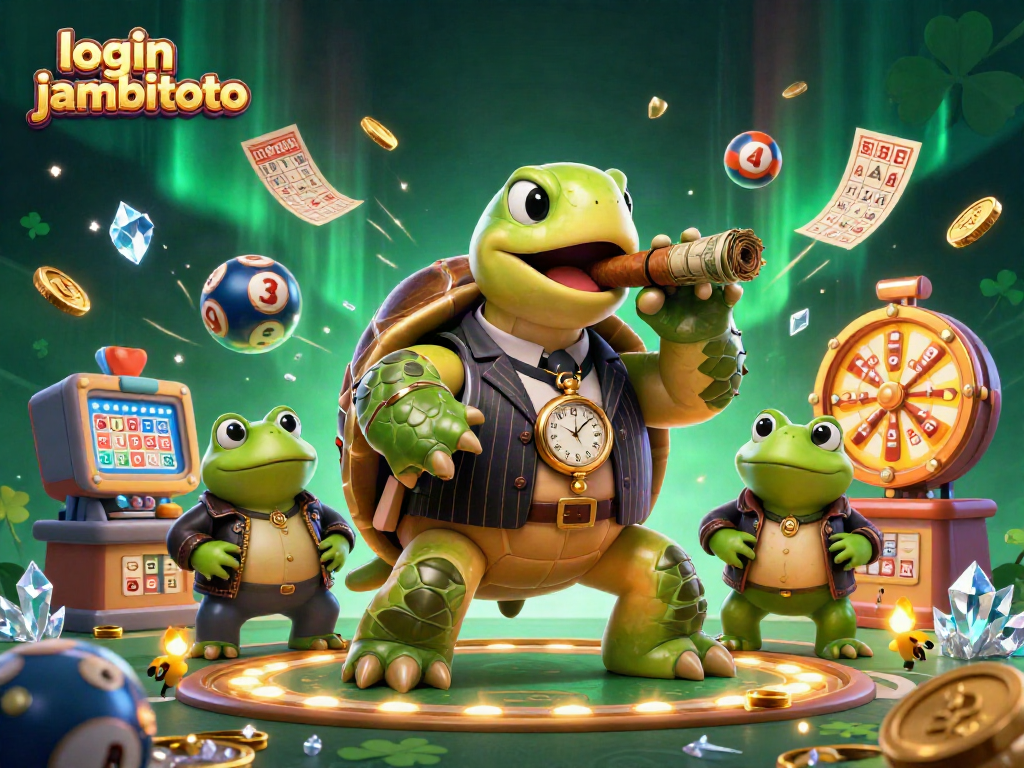 Engage with login jambitoto in this vibrant lottery-themed illustration featuring a snapping turtle in a mobster suit.