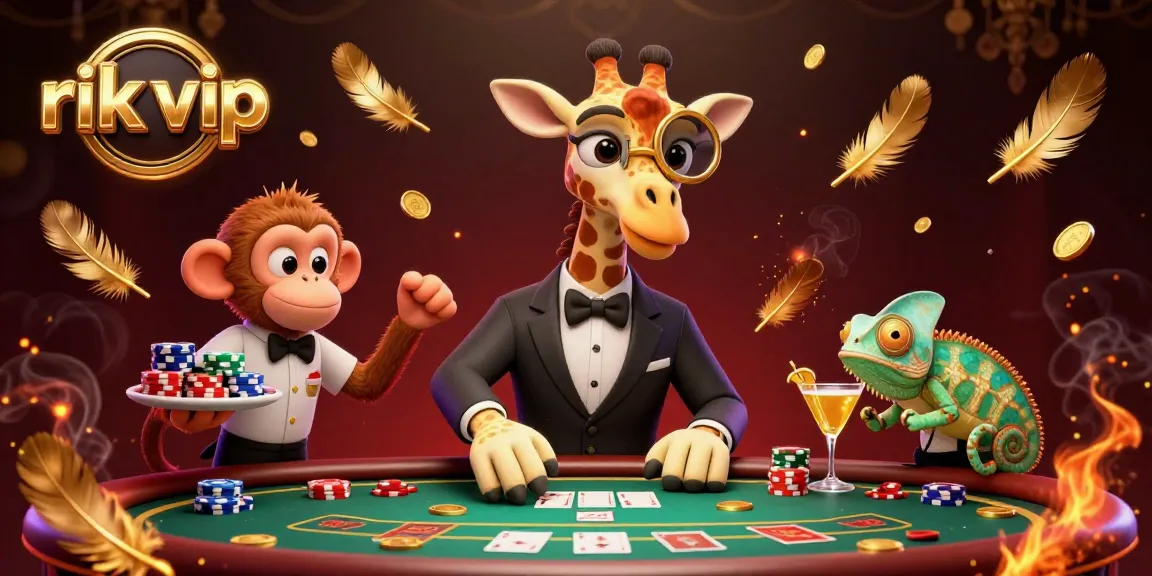 Experience the thrill of rik vip with a high-roller giraffe at an exciting poker table, with lively casino elements.