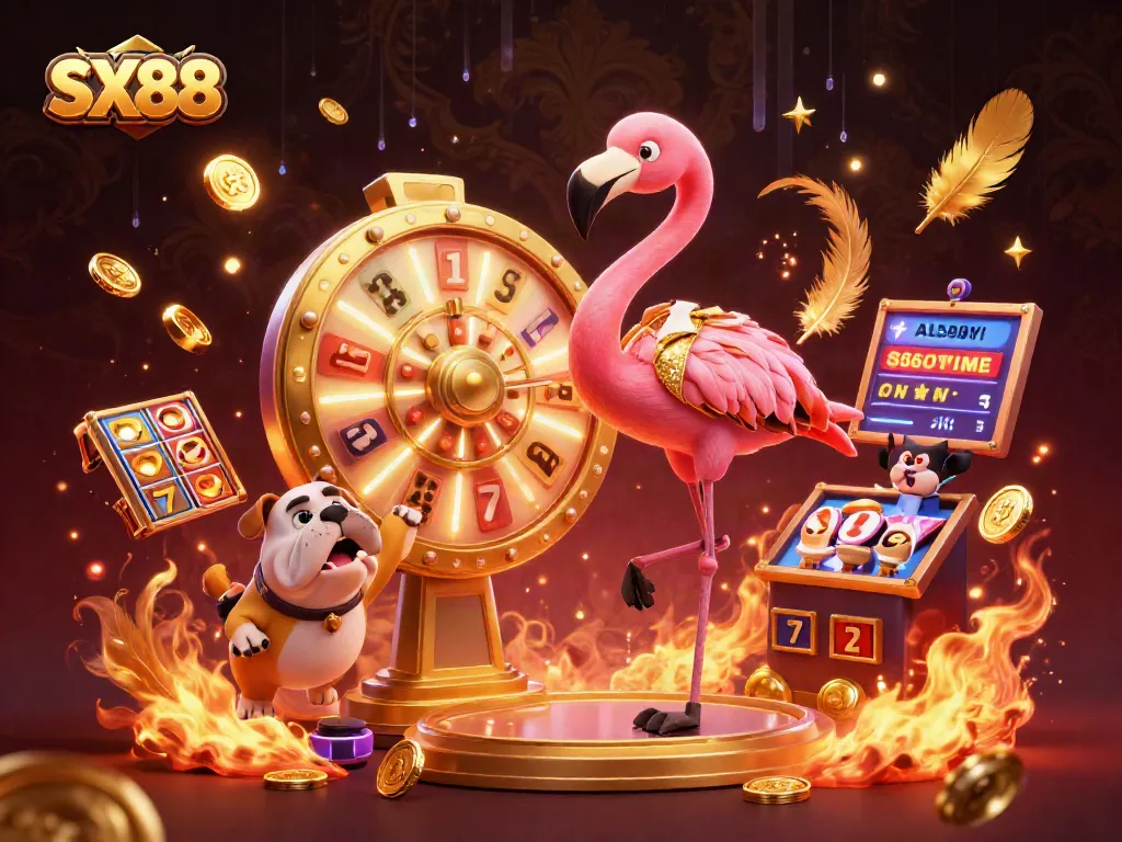 SX88 jackpot scene featuring a vibrant game show host flamingo and excited bulldog contestant.