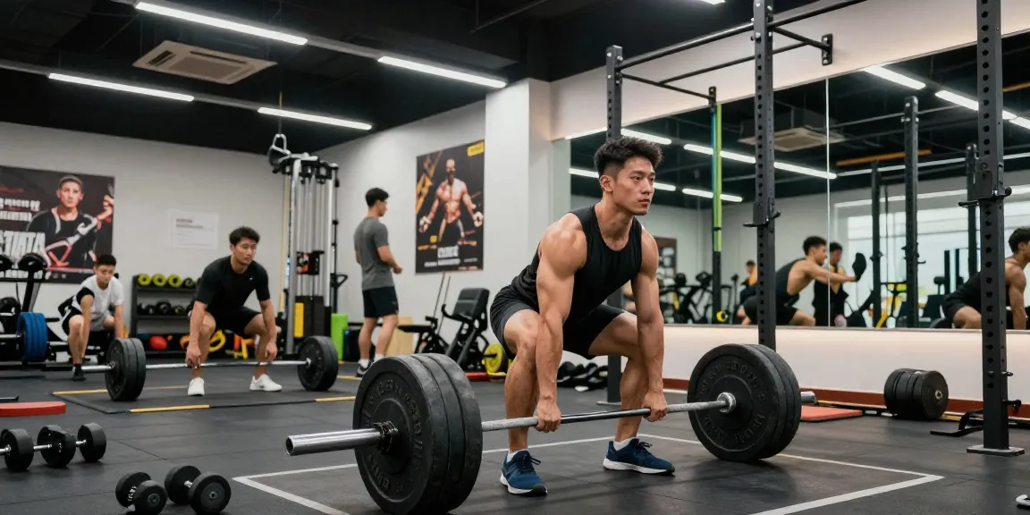 Energieke bodybuilder in de Prime Pharma Steroïden Winkel tijdens deadlift, omringd door fitnessmateriaal en gemotiveerde atleten.