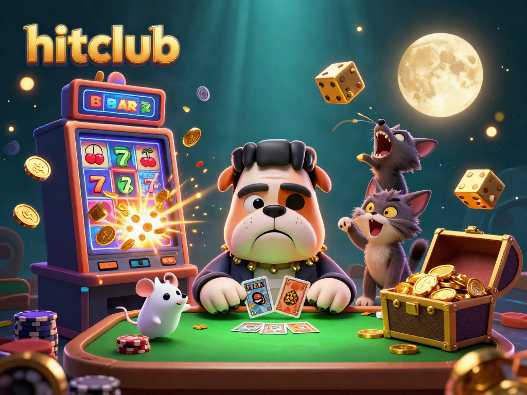 Experience the thrill of hitclub casino with a lively 3D scene featuring a bulldog dealer and an explosive jackpot.