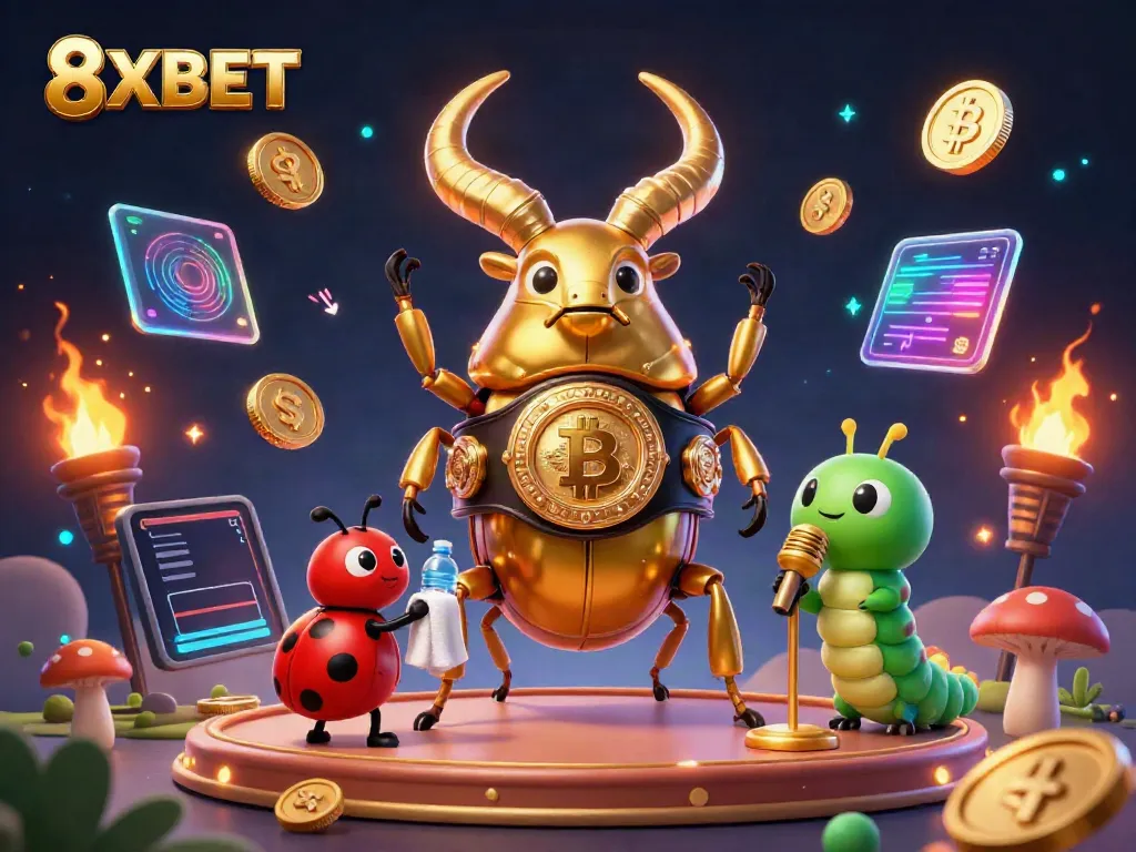 Engage with 8XBET in a vibrant gaming world featuring a golden stag beetle in an energetic showdown.