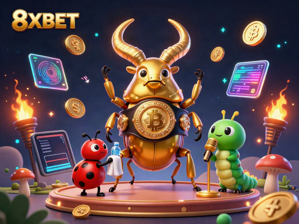 Engage with 8XBET in a vibrant gaming world featuring a golden stag beetle in an energetic showdown.