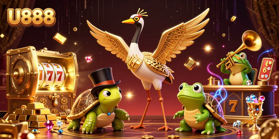 U888 players engaging with vibrant slot machines surrounded by gold and jewels.