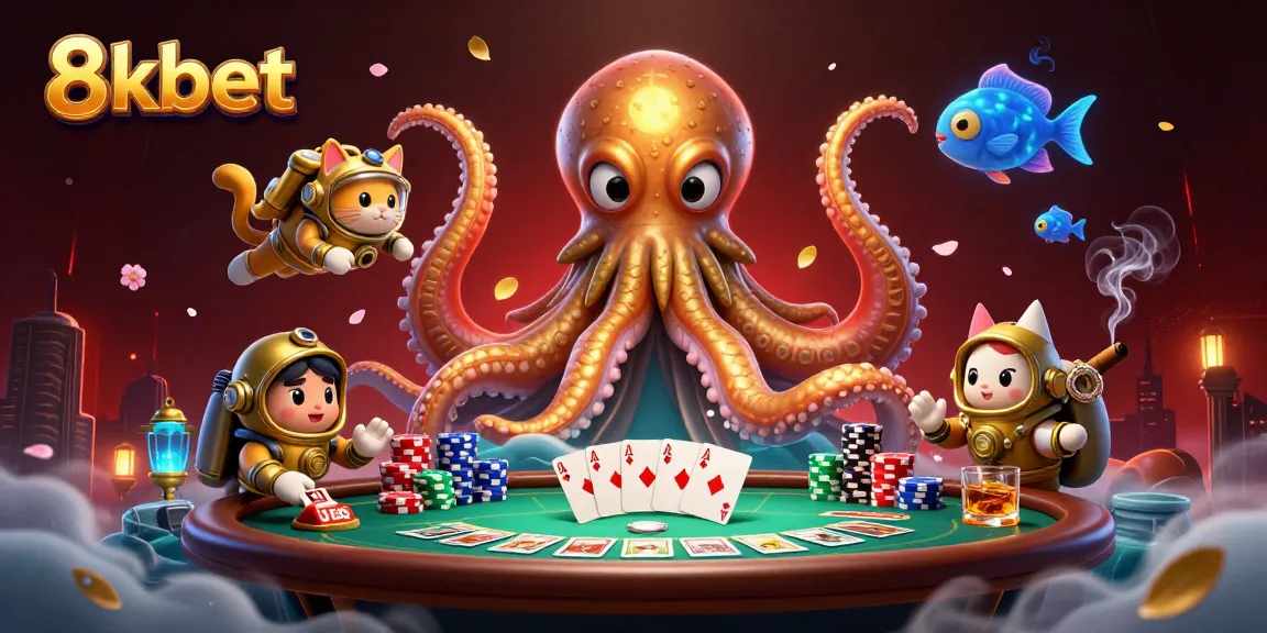 Join the thrilling action at 8kbet with a cartoon kraken, diving cat, and poker elements!